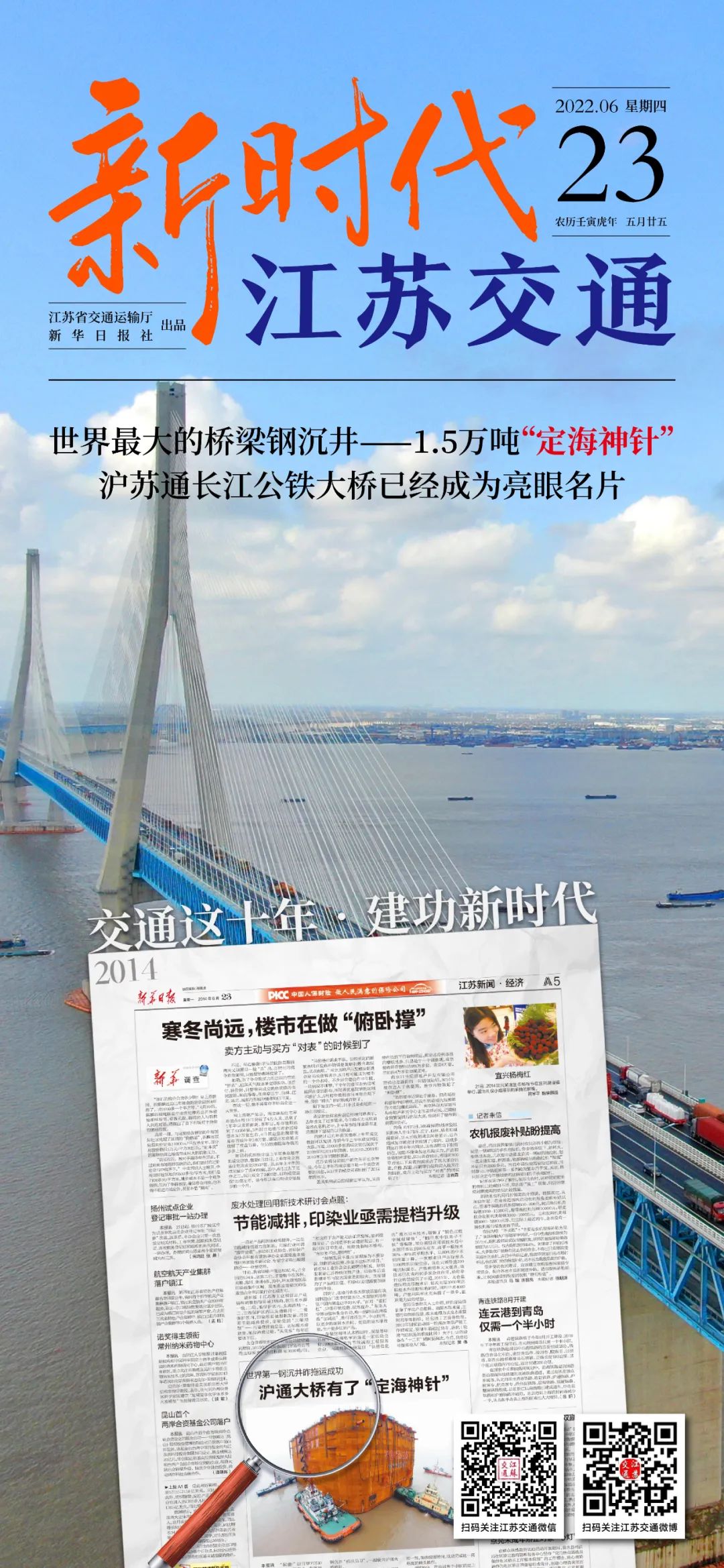 新时代江苏交通｜世界最大的桥梁钢沉井——1.5万吨“定海神针” 沪通长江大桥已经成为亮眼名片